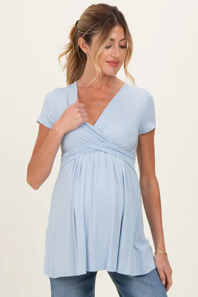 PinkBlush PinkBlush Light Blue Draped Front Maternity Nursing Top