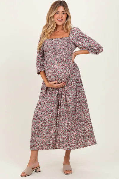 PinkBlush Cream Floral Print Smocked Bodice Maternity Maxi Dress
