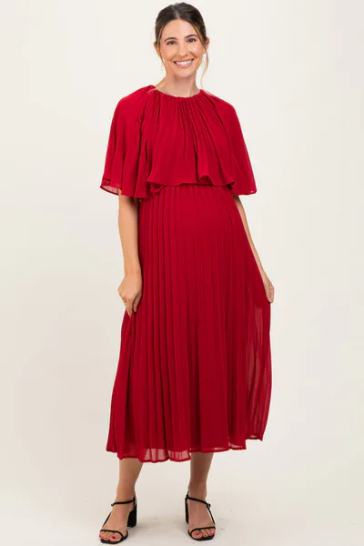 PinkBlush Burgundy Pleated Cape Maternity Midi Dress