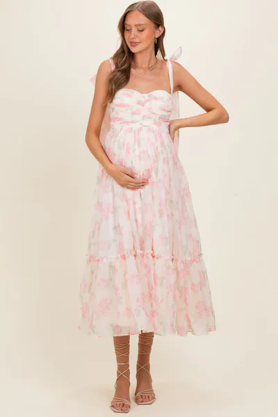 PinkBlush Pink Floral Chiffon Shoulder Tie Maternity Midi Dress
