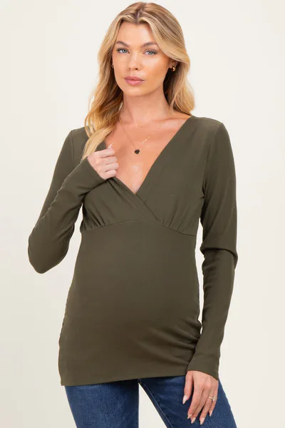 PinkBlush Olive Fitted Long Sleeve Wrap V-Neck Maternity Top