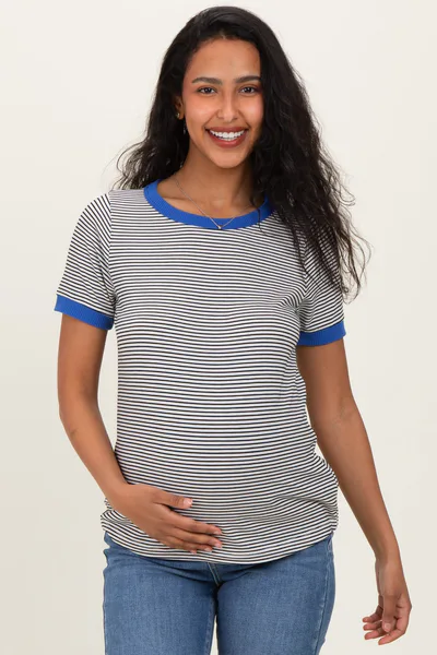 PinkBlush Ivory Blue Trimmed Striped Maternity Top