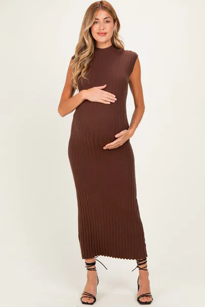 PinkBlush Chocolate Ribbed Knit Mock Neck Maternity Maxi Dress
