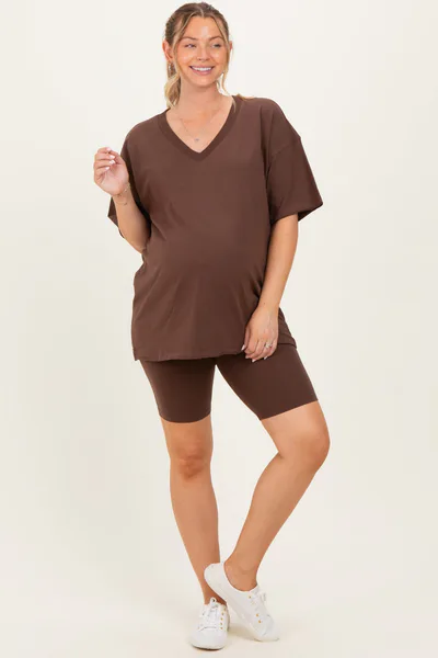PinkBlush Brown Oversized V-Neck Biker Short Maternity Set