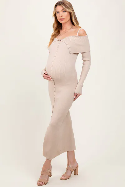 PinkBlush Beige Off Shoulder Long Cardigan Maternity Maxi Dress