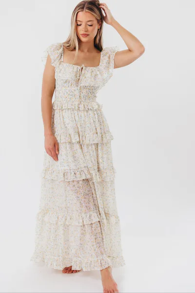 Worth Collective Astrid Ruffle Detail Maxi Dress in Yellow Floral  - Bump Friendly