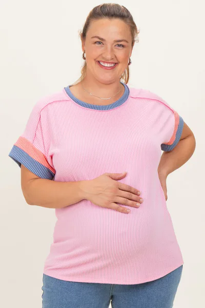 PinkBlush Pink Ribbed Colorblock Detail Maternity Plus Short Sleeve Top