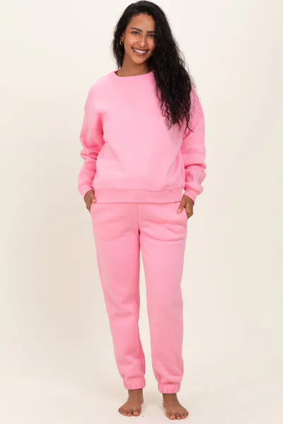 PinkBlush Pink Fleece Long Sleeve Maternity Pullover & Jogger Set