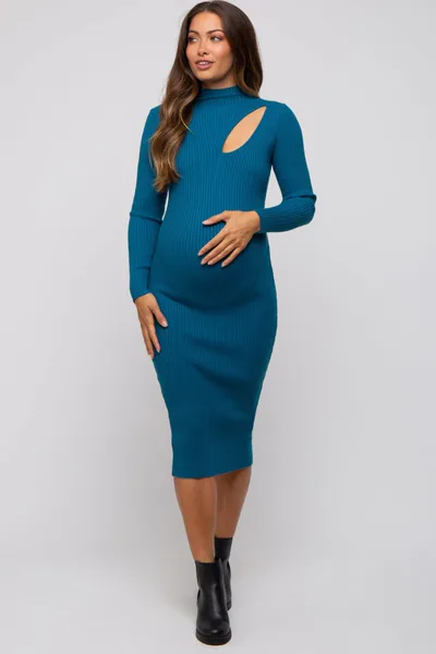 PinkBlush Teal Cutout Fitted Maternity Knit Dress