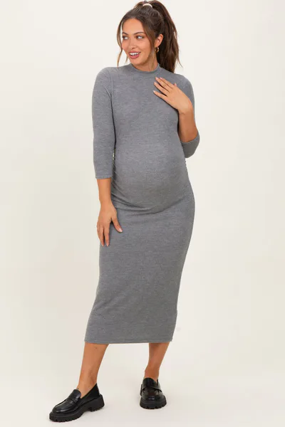 PinkBlush Charcoal Ribbed Knit Mock Neck Long Sleeve Ruched Maternity Dress