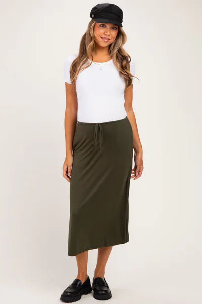 PinkBlush Olive Front Tie Maternity Maxi Skirt