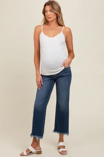 PinkBlush Navy Blue Fringe Hem Maternity Cropped Jeans
