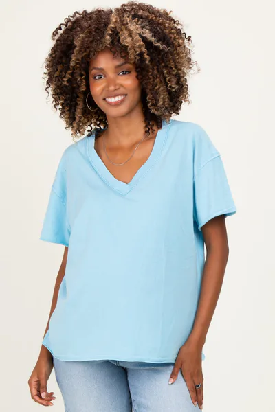 PinkBlush Light Blue Washed V-Neck Oversized Maternity Tee
