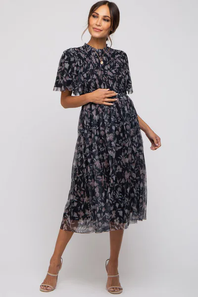 PinkBlush Black Floral Smocked Mesh Knit Maternity Midi Dress