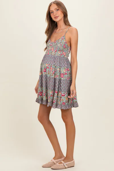 PinkBlush Jade V Neck Smocked Bodice Mix Print Maternity Sundress