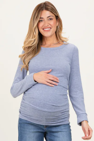 PinkBlush Light Blue Soft Knit Ruched Maternity Top