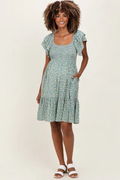 PinkBlush Light Olive Floral Smocked Flutter Sleeve Maternity Dress