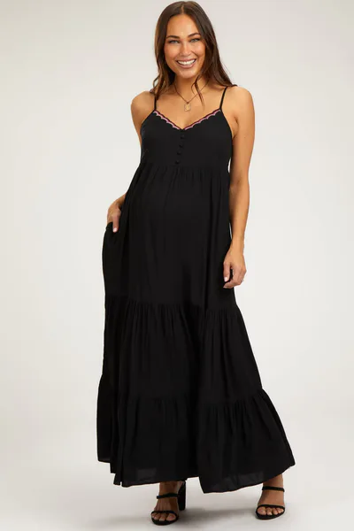 PinkBlush Black Scalloped Embroidered Neckline Maternity Maxi Dress