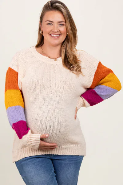 PinkBlush Cream Colorblock Sleeve Maternity Plus Sweater