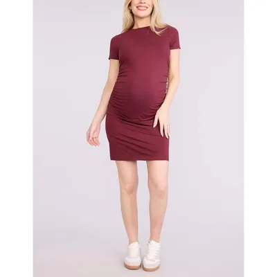 Target Women's Crewneck Short Sleeve Side Ruched Bodycon Maternity Mini Dress - Tawny Port - Size: Medium - Motherhood Maternity