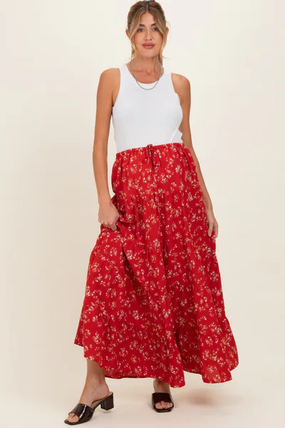 PinkBlush Red Floral Tiered Maternity Maxi Skirt