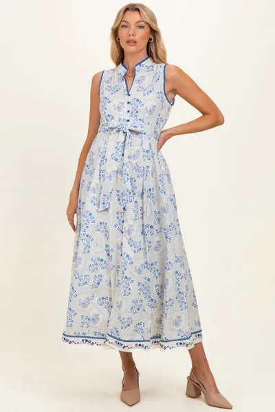PinkBlush French Blue Floral Button Up Tie Waist Maternity Midi Dress