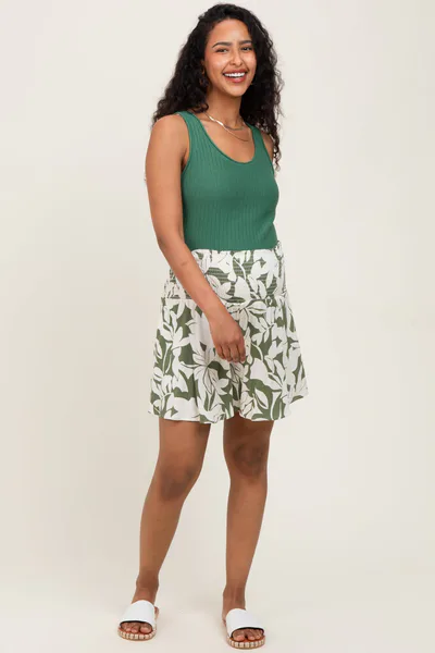 PinkBlush Light Olive Floral Smocked Waist Maternity Shorts