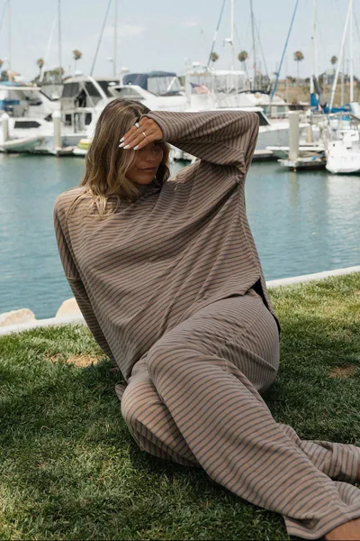 Worth Collective Naomi Striped Oversized Fleece Long Sleeve Top in Taupe/Grey - Bump Friendly