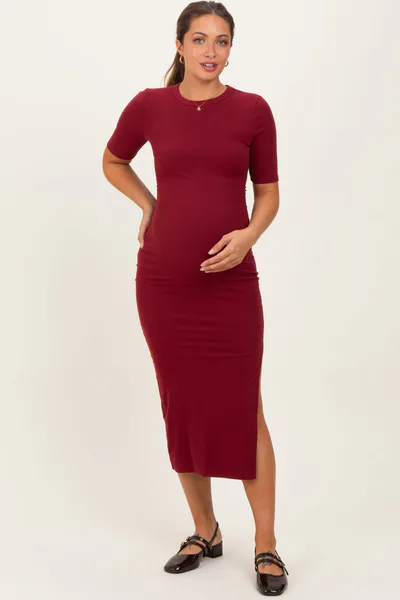 PinkBlush Burgundy Ruched Side Slit Maternity Midi Dress