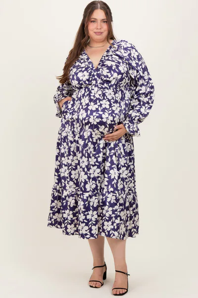 PinkBlush Navy Floral Tiered Ruched V-Neck Satin Plus Maternity Maxi Dress