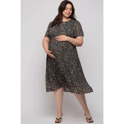 Target Pinkblush Forest Green Floral Pleated Chiffon Maternity Plus Midi Dress 1X