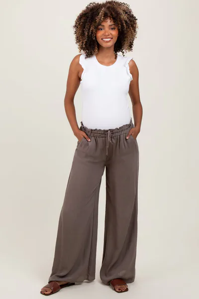 PinkBlush Mocha Ruffled Drawstring Waist Wide Leg Maternity Pants