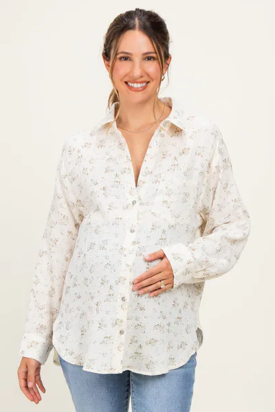 PinkBlush Sage Floral Cotton Gauze Button-Down Maternity Shirt