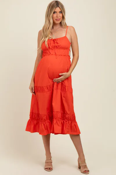 PinkBlush Coral Ruffle Accent Backless Tie Detail Maternity Midi Dress