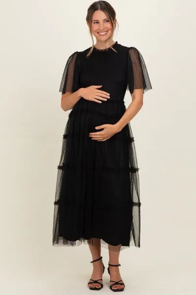 PinkBlush Black Smocked Top Mesh Midi Dress