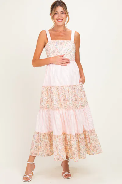 PinkBlush Peach Multi Floral Tiered Sleeveless Maternity Midi Dress