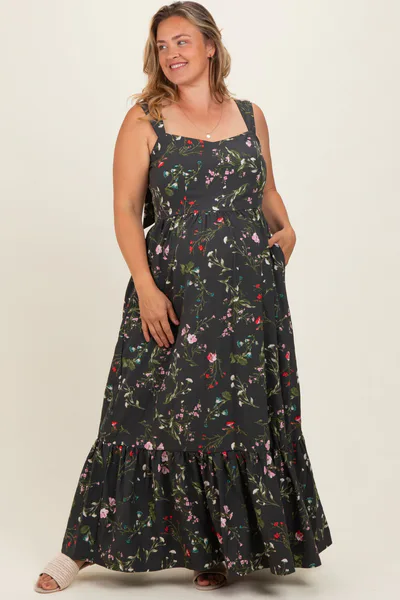 PinkBlush Forest Green Floral Bow Strap Maternity Plus Maxi Dress