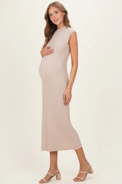 PinkBlush Sand Ribbed Knit Mock Neck Maternity Maxi Dress