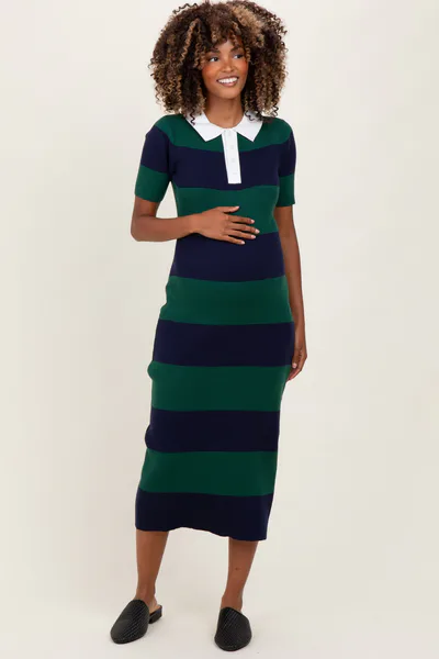 PinkBlush Green Ribbed Striped Knit Polo Maternity Midi Dress