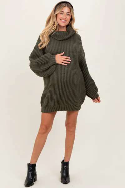 PinkBlush Olive Turtleneck Puff Sleeve Maternity Sweater Dress