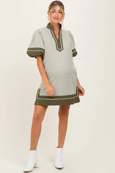 PinkBlush Olive Striped Contrast Border Maternity Mini Dress