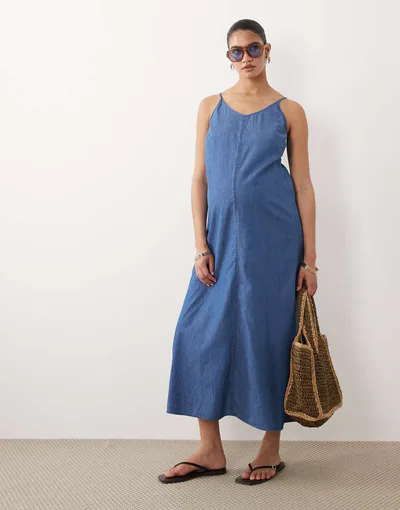 ASOS Mamalicious Maternity cami strap chambray denim midi dress in medium blue wash