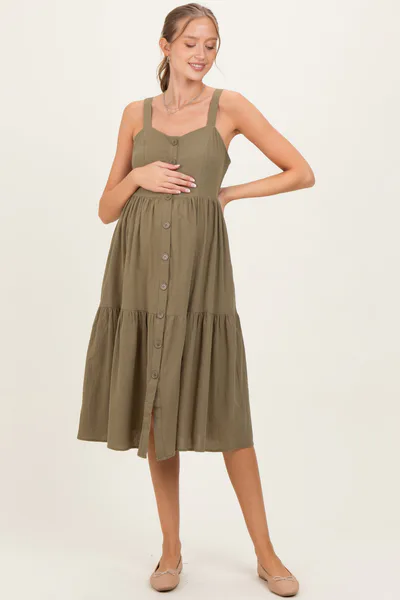 PinkBlush Olive Sleeveless Button Down Tiered Maternity Midi Dress