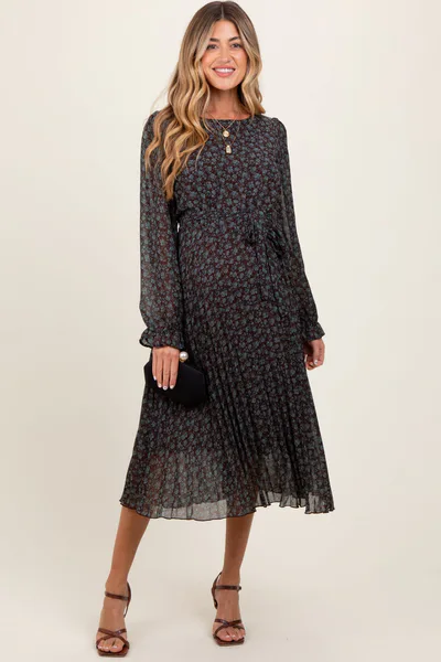 PinkBlush Brown Floral Front Tie Pleated Maternity Midi Dress