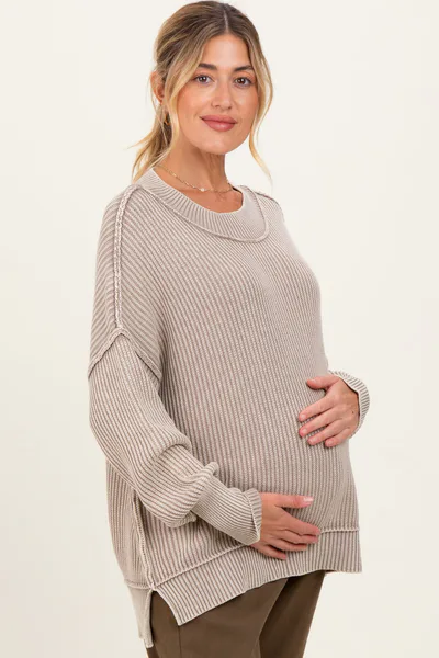 PinkBlush Mocha Washed Side Slit Oversized Maternity Sweater