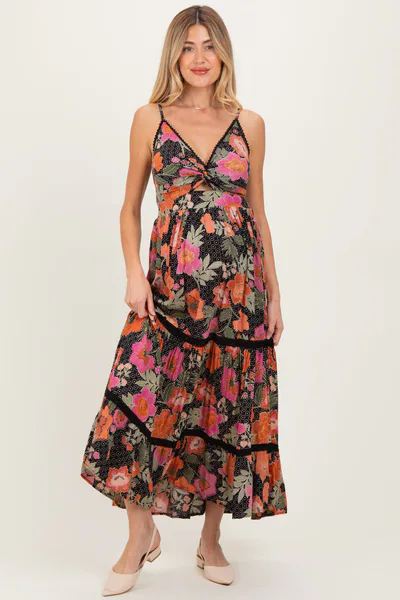 PinkBlush Black Floral Twisted Front Lace Detail Maternity Maxi Dress