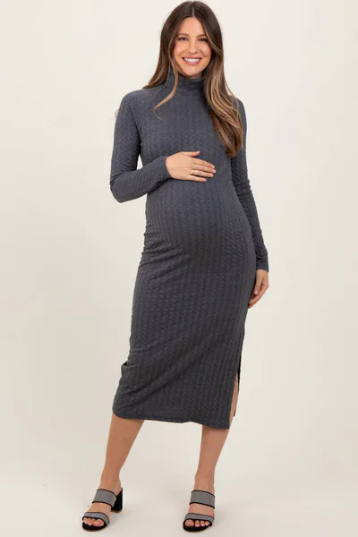 PinkBlush Charcoal Cable Knit Turtleneck Maternity Midi Sweater Dress