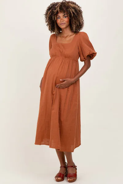 PinkBlush Rust Ribbed Puff Sleeve Tie Back Maternity Midi Dress