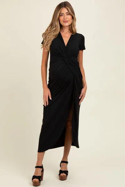 PinkBlush Black Gathered Front Short Sleeve Maternity Maxi Dress