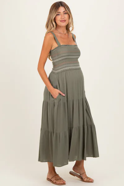 PinkBlush Olive Embroidered Smocked Maternity Midi Dress